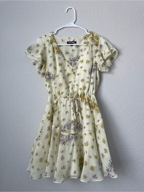 Steve Madden Yellow Floral Flutter-Sleeve A-Line Mini Dress Size XS